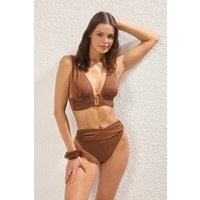 WOVCOR Women's Triangle Bikini Set with Accessory Detail & High Waist Bottoms in Brown | Size: 10