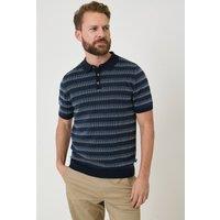 Saltwell Men's Jacquard Stripe Short Sleeve Cotton Polo Shirt in Navy | Size: Medium