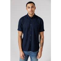 French Connection Men's Linen Blend Short Sleeve Chest Pocket Shirt in Navy | Size: XL