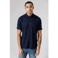 French Connection Men's Linen Blend Short Sleeve Chest Pocket Shirt in Navy | Size: 2XL
