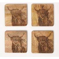 Homescapes Wooden Coaster Set with Highland Cow Design, Set of 4 in Natural