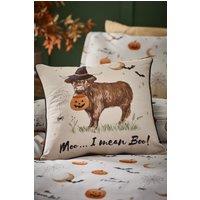 Catherine Lansfield 'Halloween Highland Cow' Soft Touch Cushion in Natural | Size: 45 cm x 45 cm