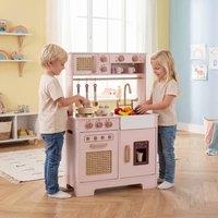CASART Kids Play Kitchen Wooden Kitchen Playset w/Sink & Faucet &Ice Machine in Pink
