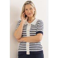 Anna Rose Women's Stripe Crochet Knit Cardigan in Navy | Size: 2XL