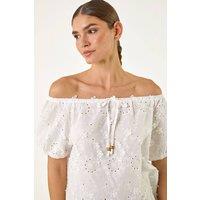Roman Women's Floral Embroidered Bardot Top in Ivory | Size: 10