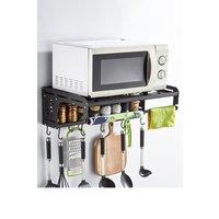 Living and Home 55cm Metal Microwave Shelf Wall-Mount Microwave Oven Rack with 10 Hooks in Black