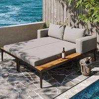 BTM Garden Furniture Outdoor Double Chaise Lounge with Wooden Side Panels in Grey