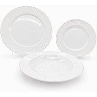 Glim & Glam Dinner Set Porcelain White Embossed Floral Dot Rim Plates Bowls 12pc