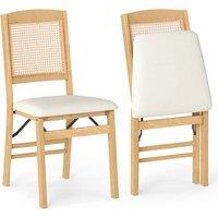 Costway Folding Chairs Set of 2 Rubber Wood Dining Chairs w/Linen Padded Seat in Natural