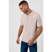Threadbare Men's Textured Knit Quarter Zip Polo in Stone | Size: Medium