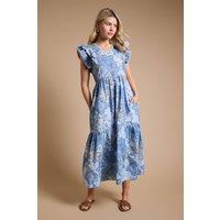 Dorothy Perkins Women's Blue Paisley Lace Trim V Neck Printed Poplin Midi Dress | Size: 14