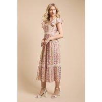 Dorothy Perkins Women's Frill Sleeve Tiered Hem Printed Poplin Midi Dress in Floral | Size: 12