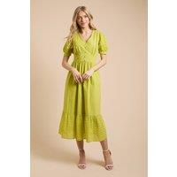 Dorothy Perkins Women's Broderie Lace Trim Puff Sleeve Tiered Poplin Maxi Dress in Green | Size: 18