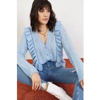 Bianco Lucci Women's Buttoned Jacquard Patterned Long Sleeve Cardigan in Light Blue