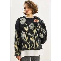 Bianco Lucci Women's Crew Neck Flowering Sweater in Black