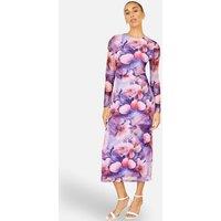 Yumi Women's Purple Floral Mesh Midi Dress With Tie Back in Lilac | Size: 16