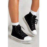 Love Lemonade Women's Crystal Canvas High Top Trainers in Black | Size: 3