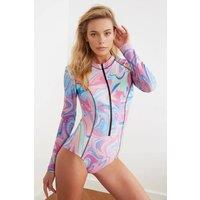 WOVCOR Women's Long Sleeve Zip Front Marble Print Performance Swimsuit | Size: 8
