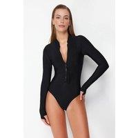 WOVCOR Women's Zip Front High Neck Long Sleeve Swimsuit in Black | Size: 10