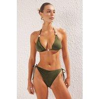 WOVCOR Women's Triangle Bikini Set with Bead Detail & Tie Side Bottom in Khaki | Size: 8