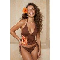 WOVCOR Women's Floral Placement Bikini Set with Halterneck Top & Tie Side Bottom in Brown | Size: 8
