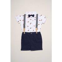 Little Gent Boy's Mock Shirt Bear Print Bodysuit, Bowtie & Shorts with Braces Set in Navy | Size: 18-24 m