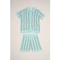 Little Gent Boy's Beach Embroidered True Knit Stripe Shirt & Shorts in Mint | Size: 7 Years