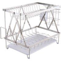 Living and Home 2-Tier Stainless Steel Folding Dish Drainer Rack w/ Drying Tray, Knife Shelf, Chopping Board Rack, Kitchenware Holder in Silver