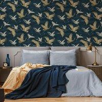 Sublime Kranes Floral Petrol Blue Wallpaper in White | Size: 10000mm x 520mm