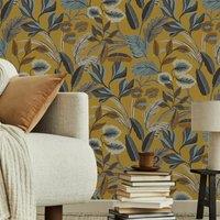 Sublime Paradise Art Floral Ochre Wallpaper in White | Size: 10000mm x 520mm