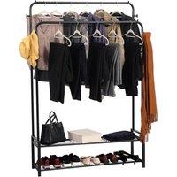 House of Home Double Clothes Rail Freestanding Heavy Duty Rack 2 Shoe Racks Hat & Bag hooks in Black
