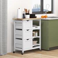 HOMCOM Compact Bar Serving Cart Compact Trolley with Wood Top & Drawers in White