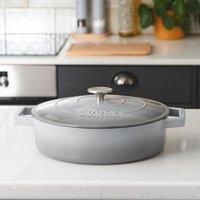 Cooks Professional Cast Iron Casserole Dish 28cm Oven Proof Enamelled Pan with Lid in Grey