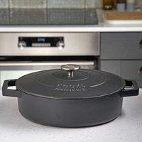 Cooks Professional Cast Iron Casserole Dish 28cm Oven Proof Enamelled Pan with Lid in Black