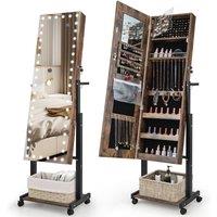 Costway Height Adjustable Jewelry Cabinet Standing Jewelry Armoire w/ 3-Color LED Mirror & Wheels in Brown