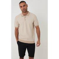 Threadbare Men's Textured Stripe Short Sleeve Knitted Polo in Stone | Size: Large