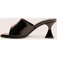 Public Desire Women's Romi Black Patent Mule Square Toe Flared Block Mid Heels | Size: 4