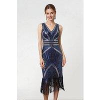 MODISHION Women's V-Neck Sequin Tassels Party Dress in Dark Blue | Size: Medium