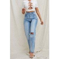 Needles Women's Blue Light Wash High Waisted Ripped Straight Leg Jeans - Eyana in Light Blue | Size: 6