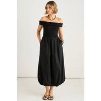 Gini London Women's Black Bardot Jersey Mix Puff Ball Midi Dress | Size: 12