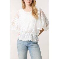 Dexia Women's Floral Embroidered Angel Sleeve Peplum Blouse in Ivory | Size: S/M