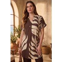Dexia Women's Bold Abstract Palm Leaf Print V-Neck Tunic Shirt in Chocolate | Size: Small