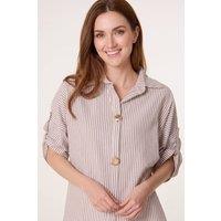Dexia Women's Taupe Striped Roll Sleeve Shirt with Gold Shell Buttons | Size: Medium/Large