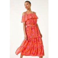 Roman Women's Floral Print Bardot Midi Dress in Orange | Size: 18