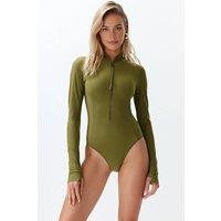 WOVCOR Women's Zip Front High Neck Long Sleeve Swimsuit in Khaki | Size: 10