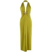WOVCOR Women's Halterneck Plunge Ruched Knit Maxi Beach Dress with Accessory Detail in Olive | Size: Small