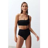 WOVCOR Women's One Shoulder High Waist Bikini Set with Asymmetric Detail in Black | Size: 8