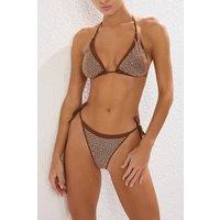 WOVCOR Women's Micro Pattern Triangle Bikini Set with Tie Side Bottom & Halterneck in Brown | Size: 8