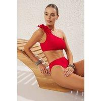 WOVCOR Women's One Shoulder Bikini Set with Ruffle Detail & High Waist Bottom in Red | Size: 8