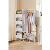 Living and Home Freestanding Portable Metal Clothes Closet Bedroom Cabinet with Storage Basket Garment Rack in White